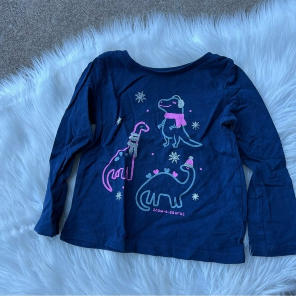 Carter’s Navy Blue Silver and Pink Dinosaur Winter Graphic Long Sleeve Top